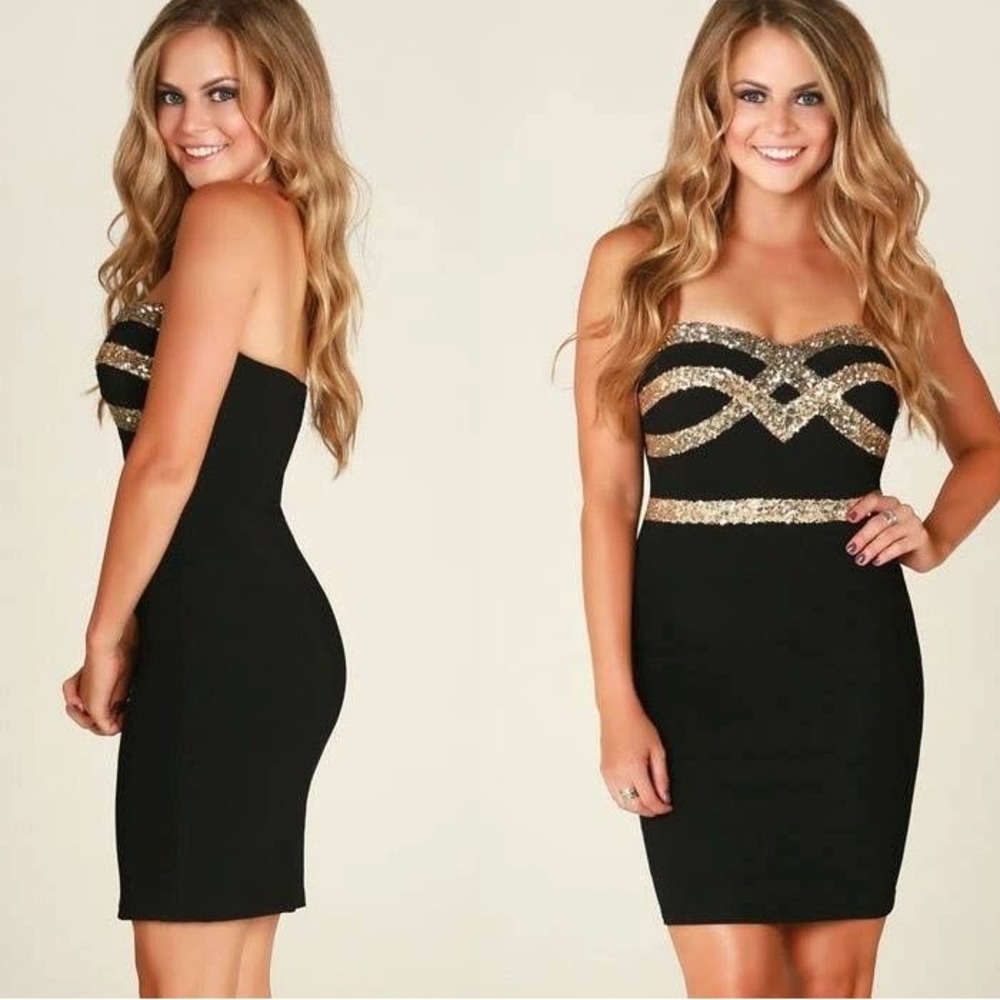 RICKETY RACK #62 Black Gold Sequin Party Prom Dress XXS XS S M